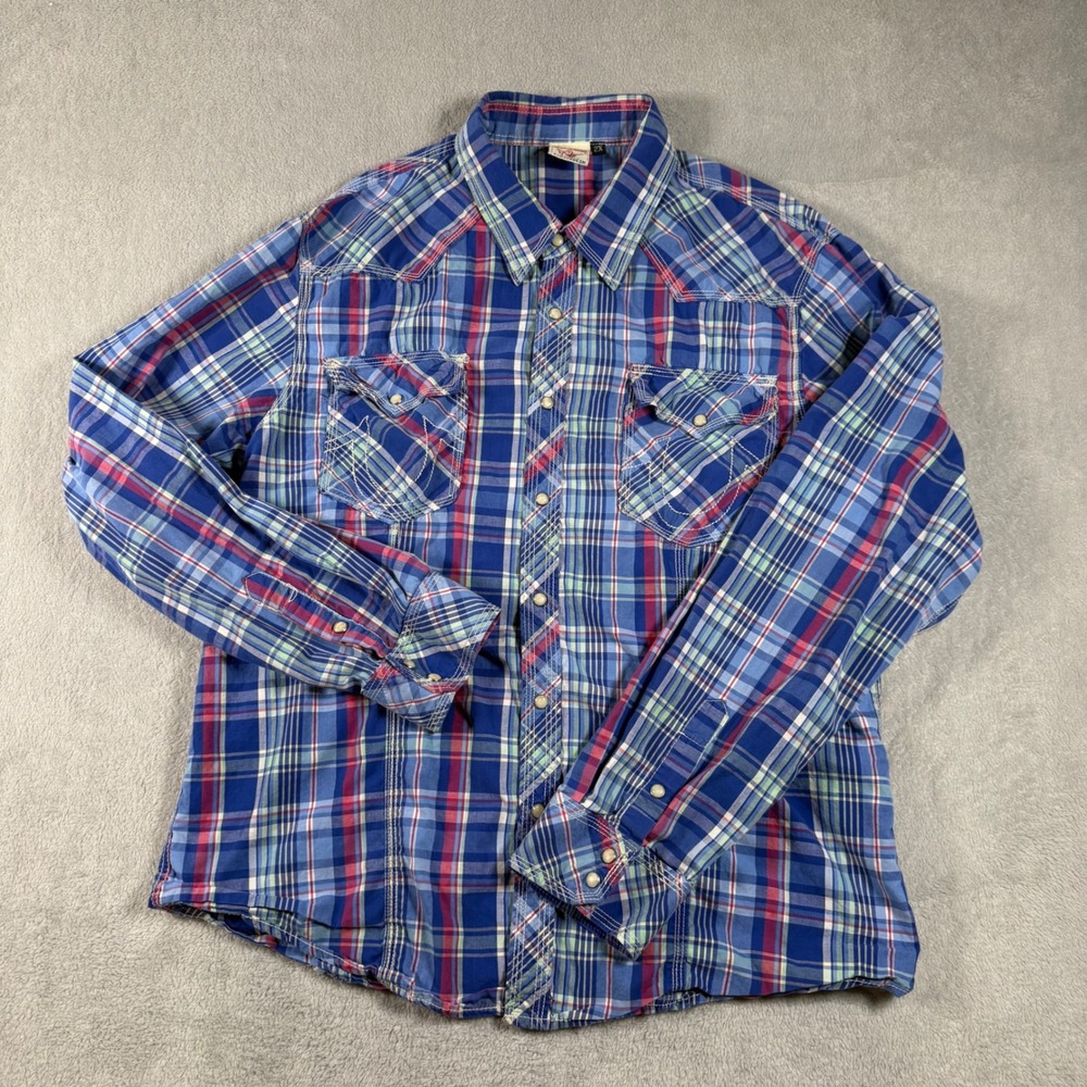 True Religion Shirt Mens 2XL Blue Plaid Short Sleeve Pearl Snap Cotton Western